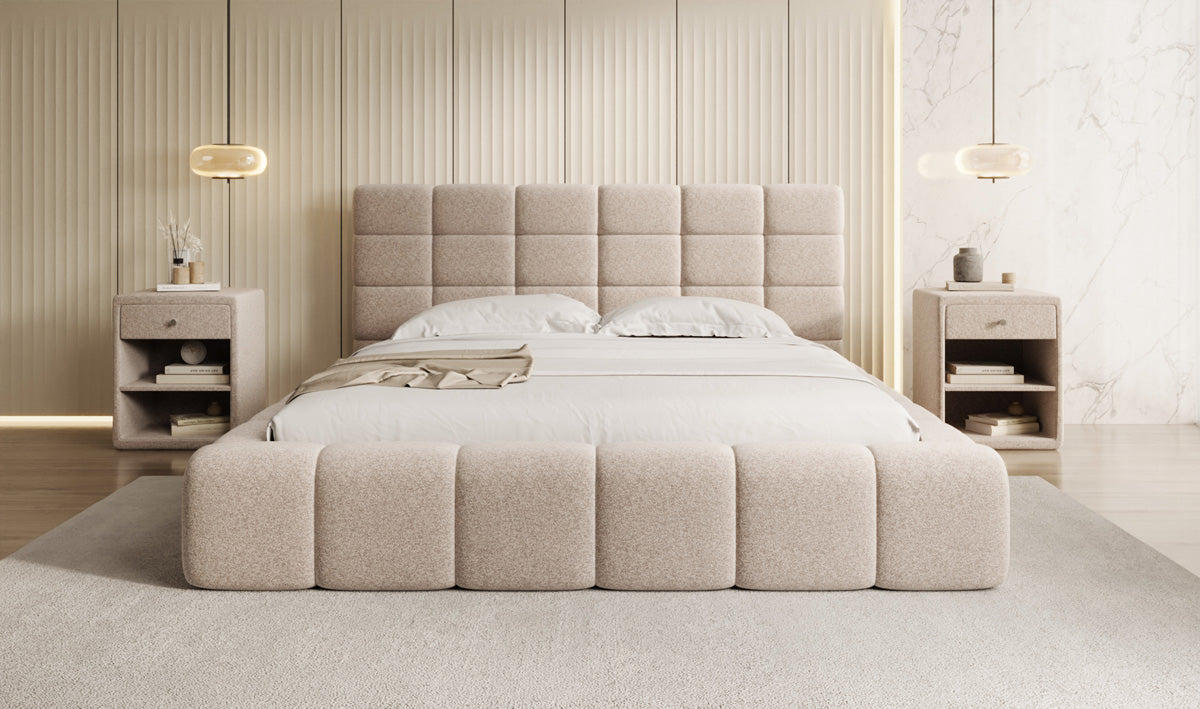 Lit rembourré design Marshmallow en tissu texturé avec espace de rangement