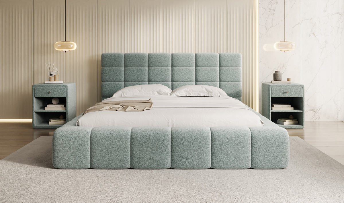 Lit rembourré design Marshmallow en tissu texturé avec espace de rangement