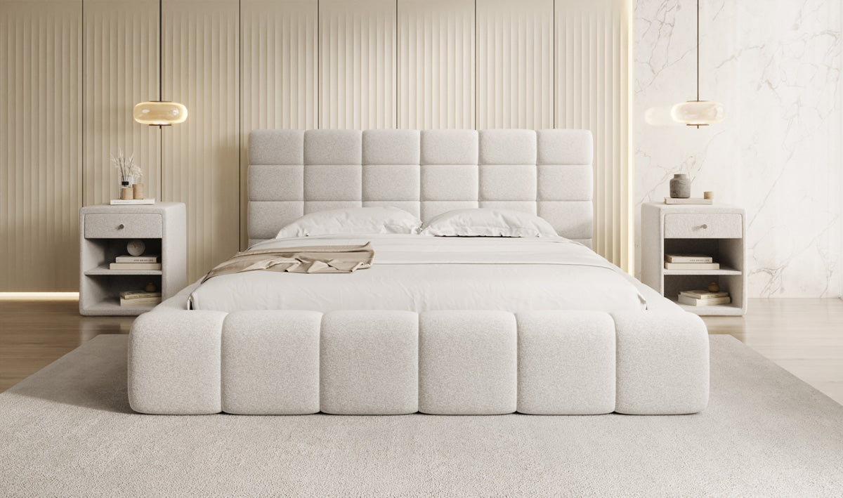 Lit rembourré design Marshmallow en tissu texturé avec espace de rangement
