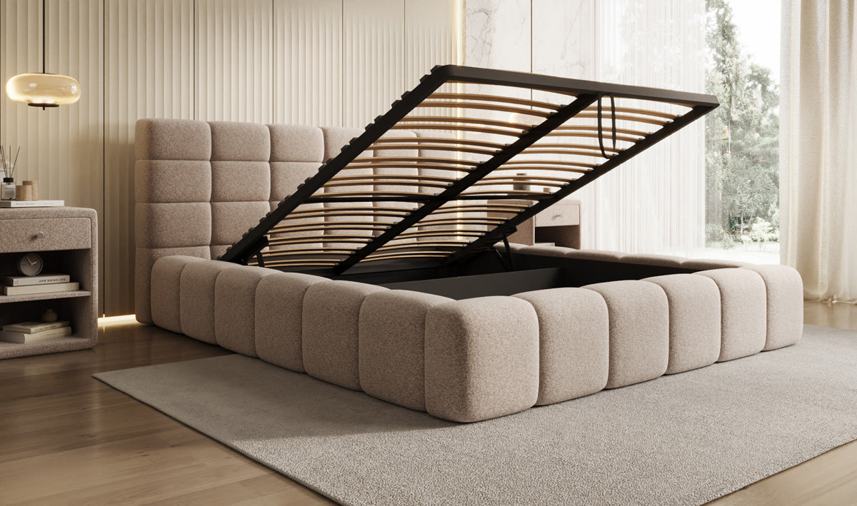 Lit rembourré design Marshmallow en tissu texturé avec espace de rangement