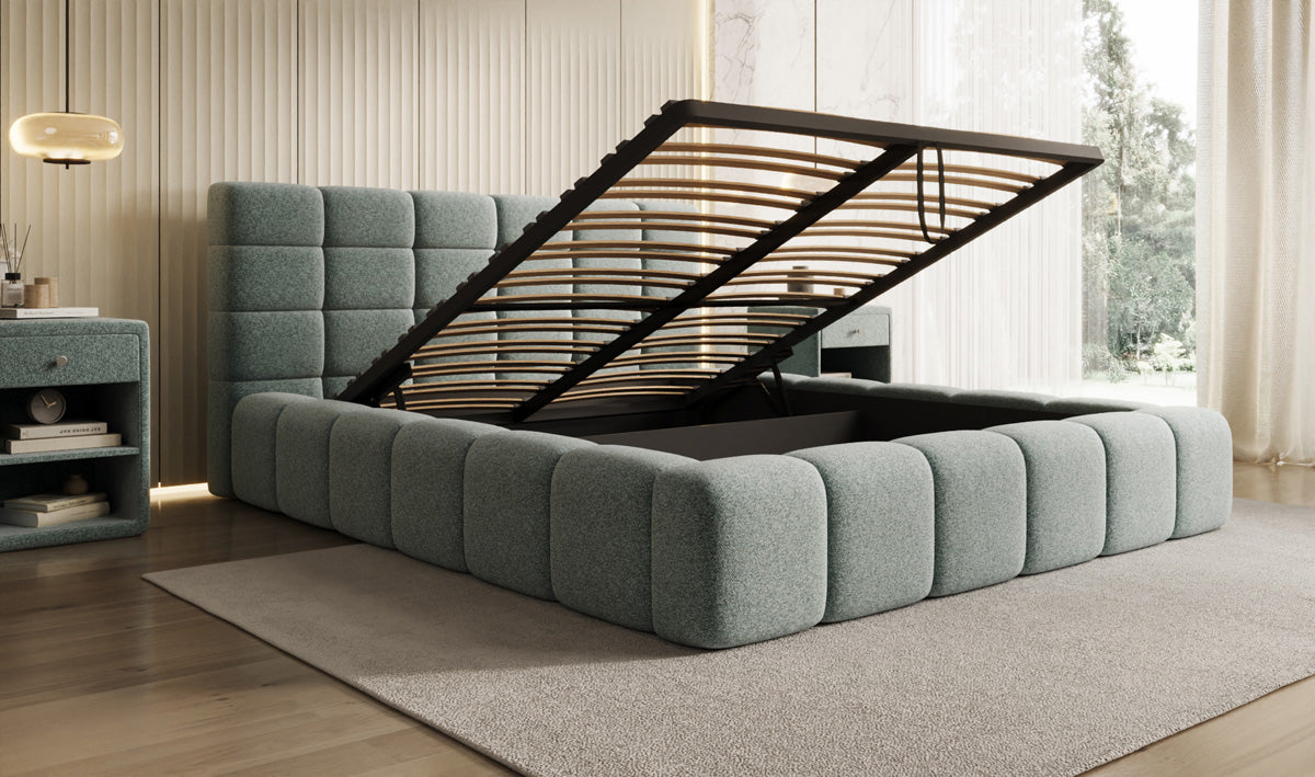 Lit rembourré design Marshmallow en tissu texturé avec espace de rangement