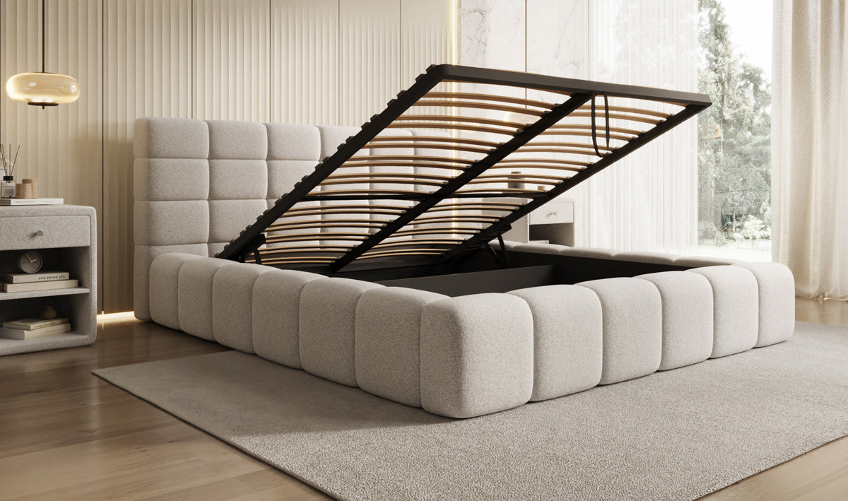 Lit rembourré design Marshmallow en tissu texturé avec espace de rangement
