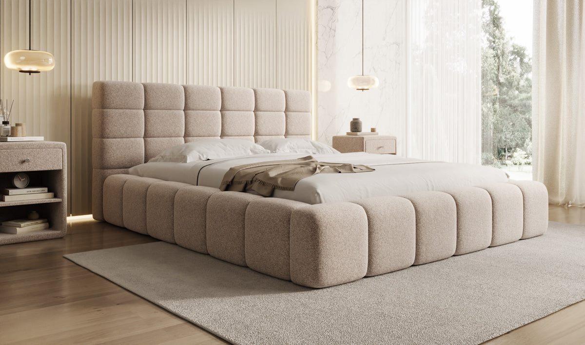 Lit rembourré design Marshmallow en tissu texturé avec espace de rangement
