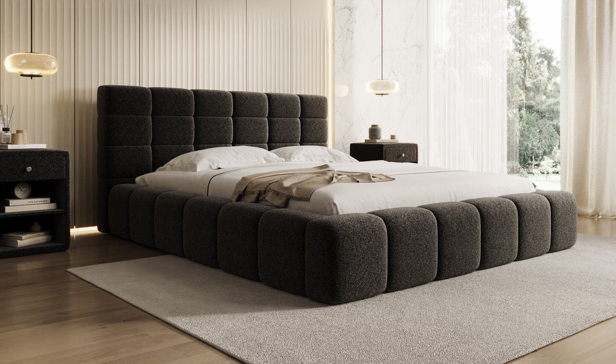 Lit rembourré design Marshmallow en tissu texturé avec espace de rangement