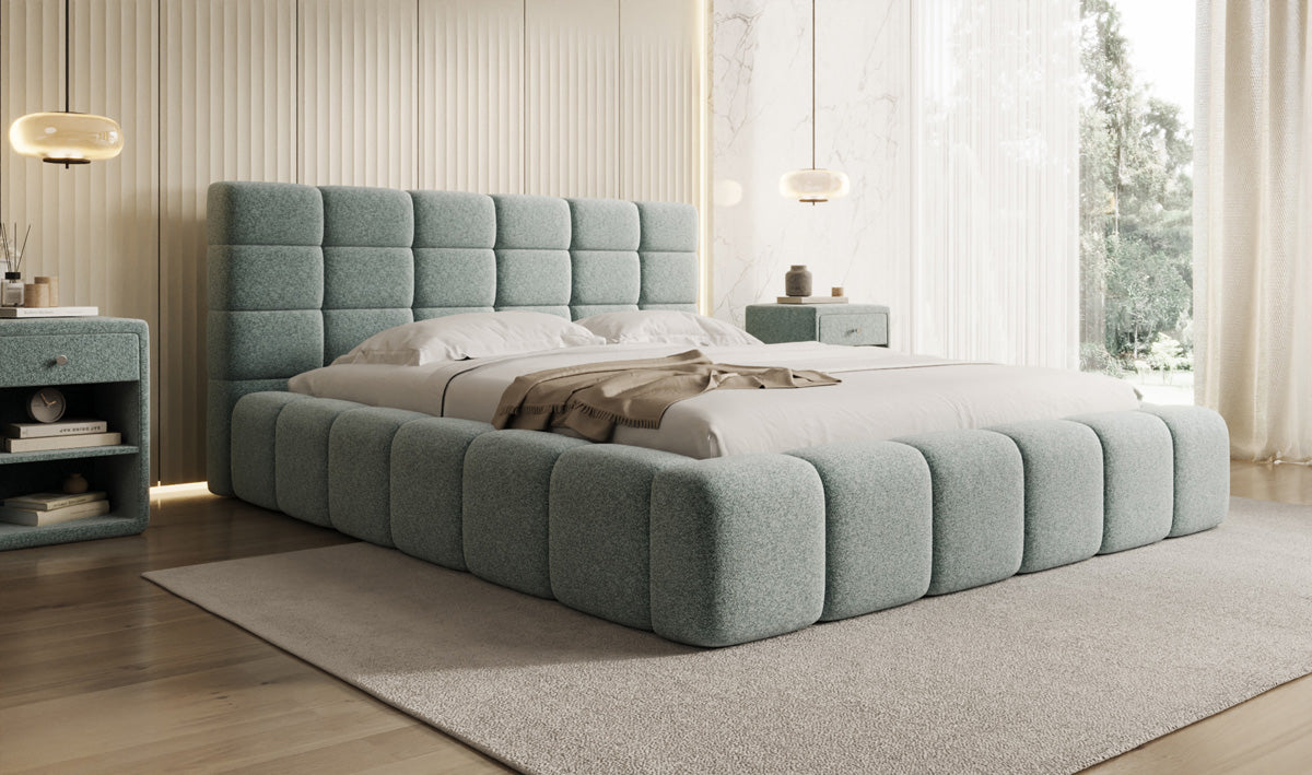 Lit rembourré design Marshmallow en tissu texturé avec espace de rangement