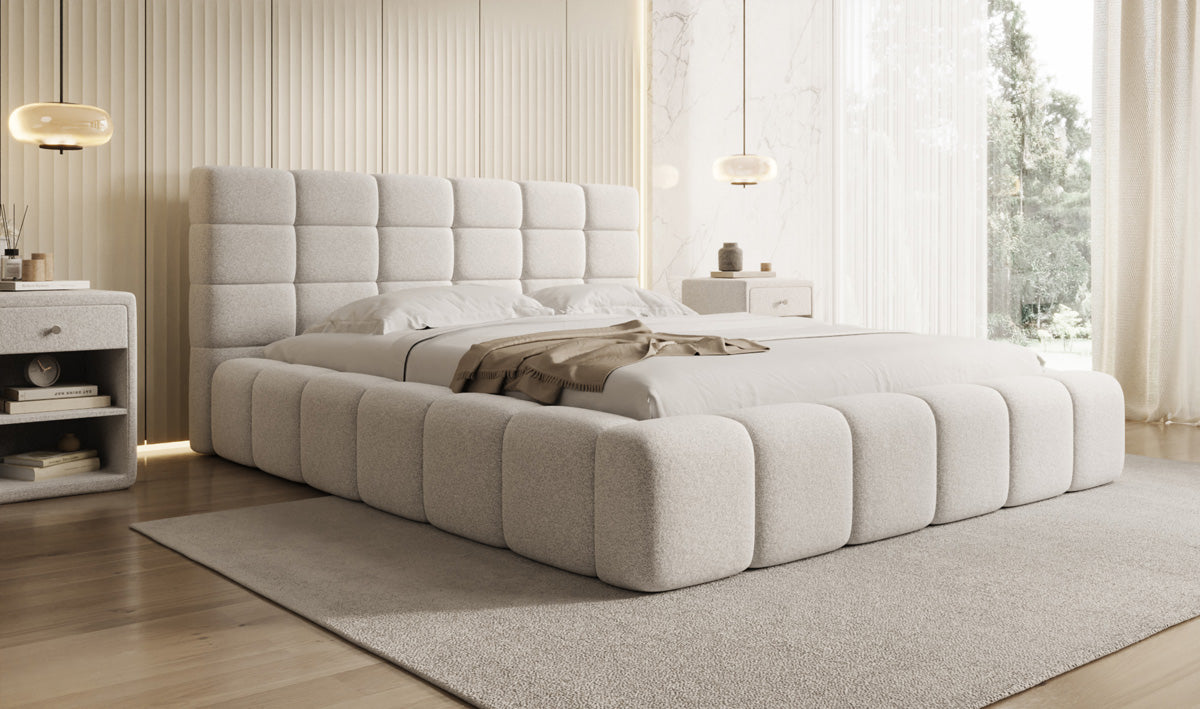 Lit rembourré design Marshmallow en tissu texturé avec espace de rangement