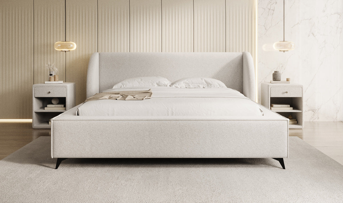 Designer Polsterbett Freya in Strukturstoff mit Stauraum