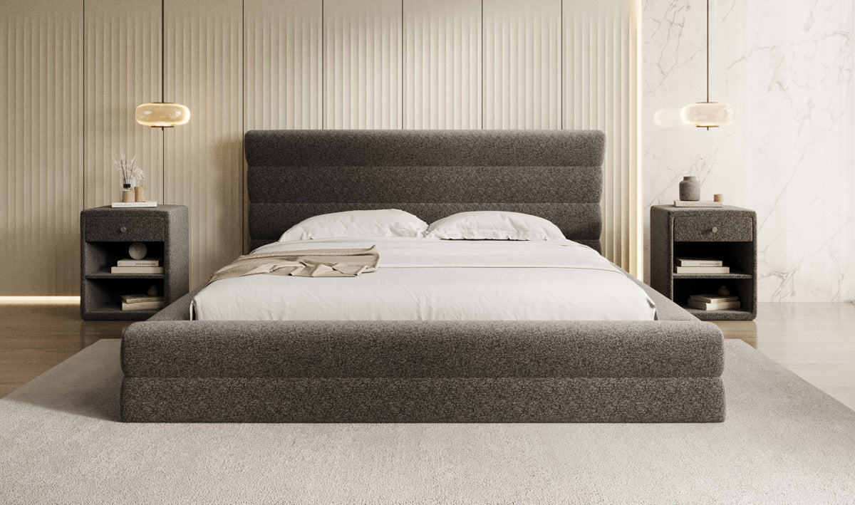 Lit rembourré design Maren en tissu texturé avec espace de rangement