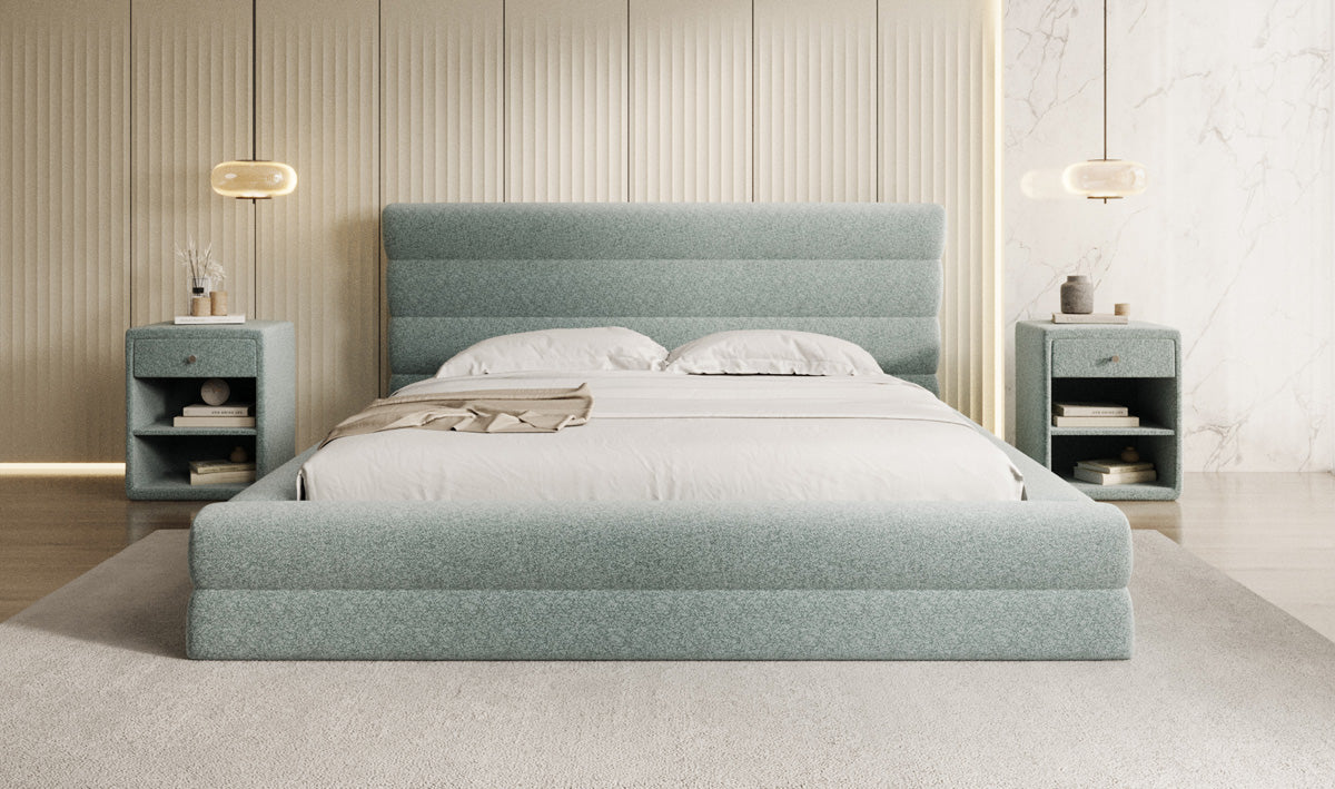 Lit rembourré design Maren en tissu texturé avec espace de rangement