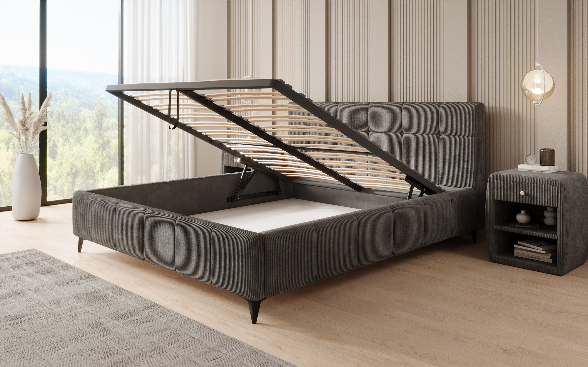 Designer Polsterbett Nelly in Cord mit Stauraum