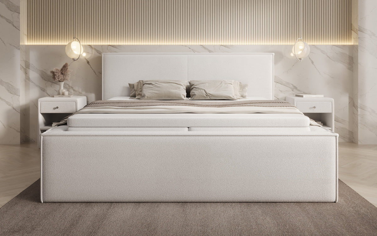 Lit rembourré design Nora en Peluche Bouclé avec espace de rangement, matelas inclus