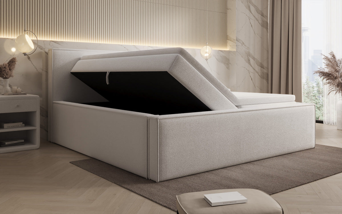 Lit rembourré design Nora en Peluche Bouclé avec espace de rangement, matelas inclus