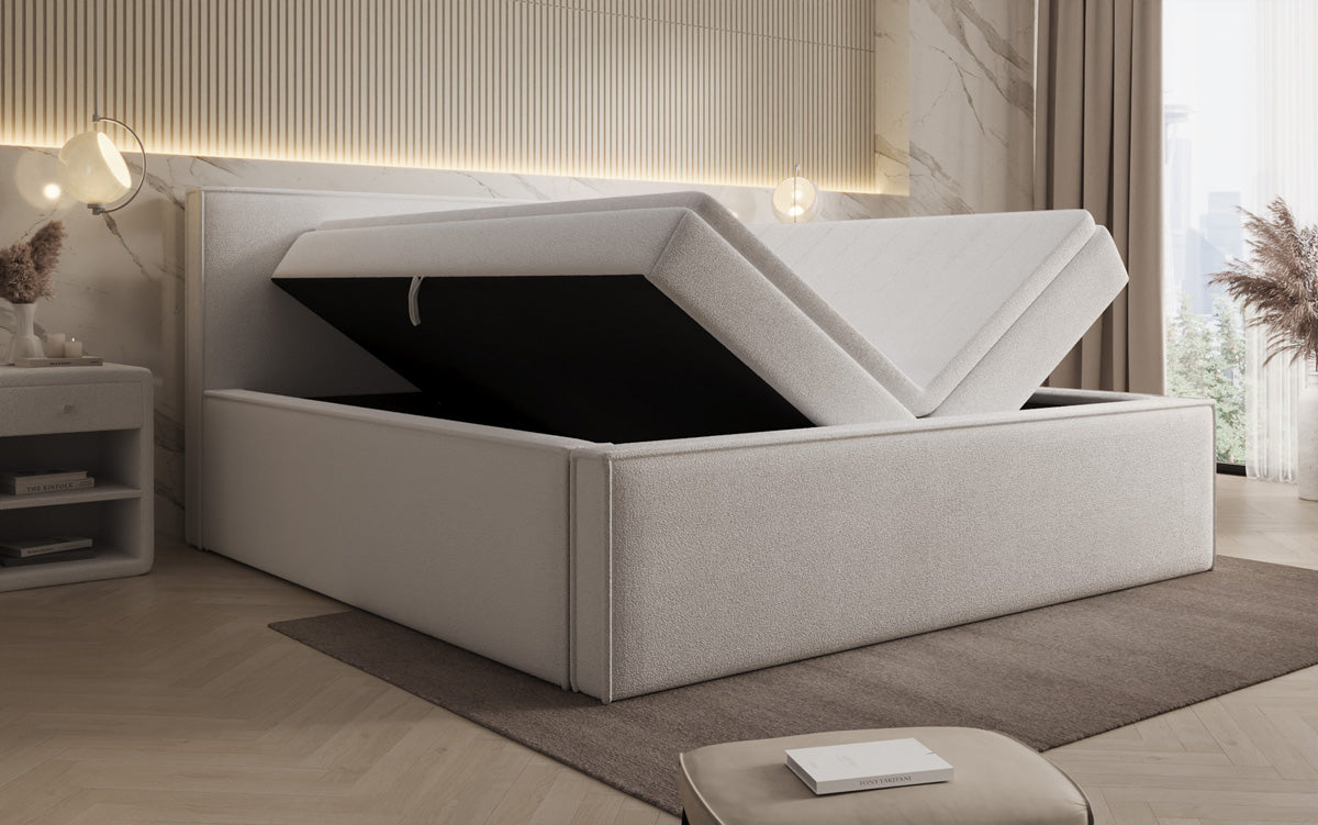 Lit rembourré design Nora en Peluche Bouclé avec espace de rangement, matelas inclus