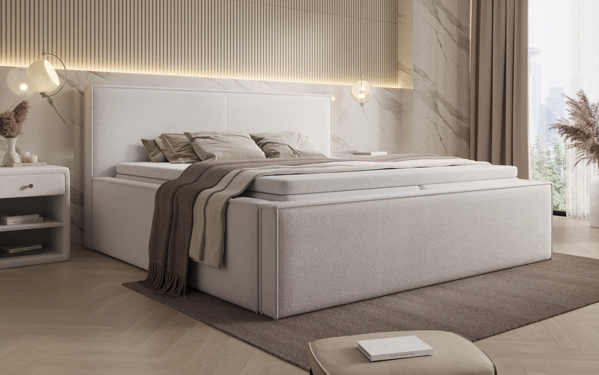 Lit rembourré design Nora en Peluche Bouclé avec espace de rangement, matelas inclus