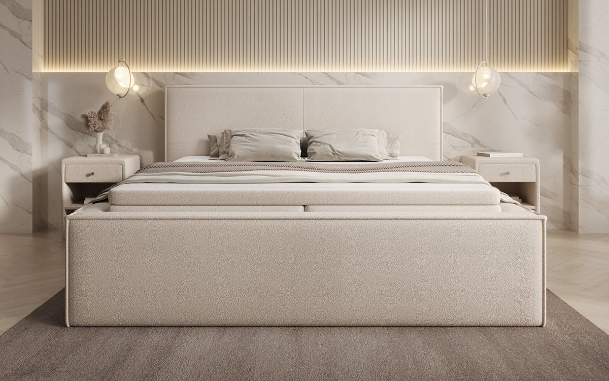 Lit rembourré design Nora en Peluche Bouclé avec espace de rangement, matelas inclus