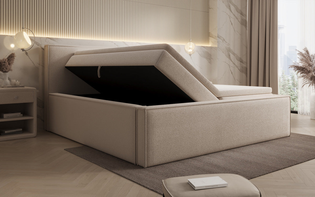 Lit rembourré design Nora en Peluche Bouclé avec espace de rangement, matelas inclus