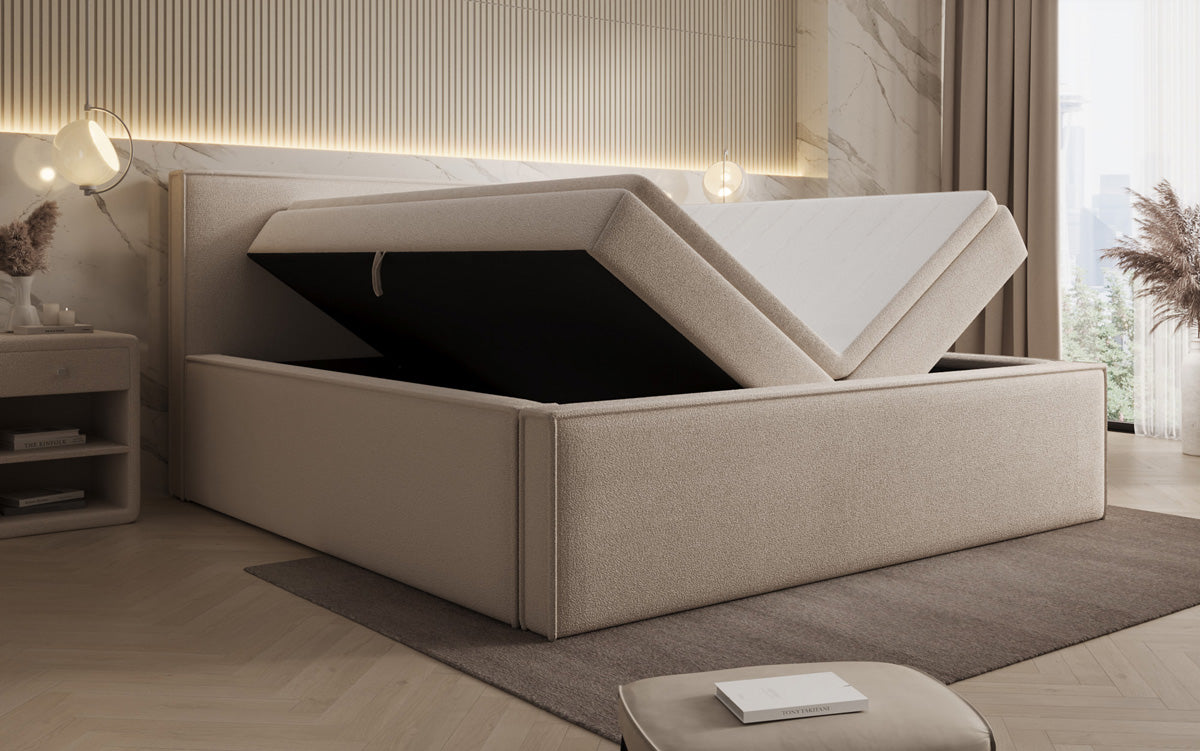 Lit rembourré design Nora en Peluche Bouclé avec espace de rangement, matelas inclus