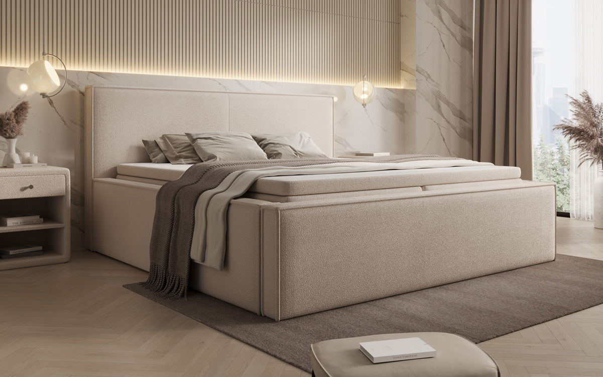 Lit rembourré design Nora en Peluche Bouclé avec espace de rangement, matelas inclus