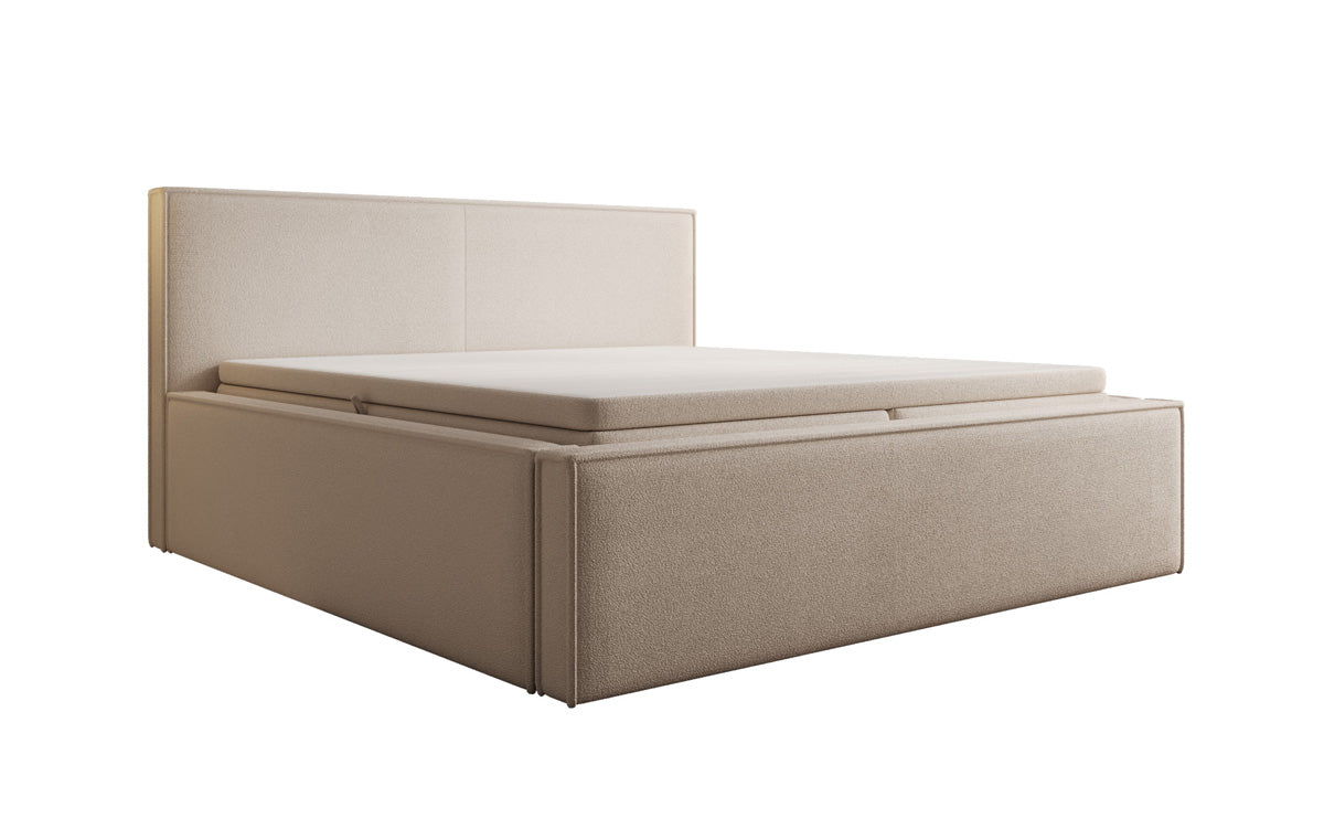Lit rembourré design Nora en Peluche Bouclé avec espace de rangement, matelas inclus