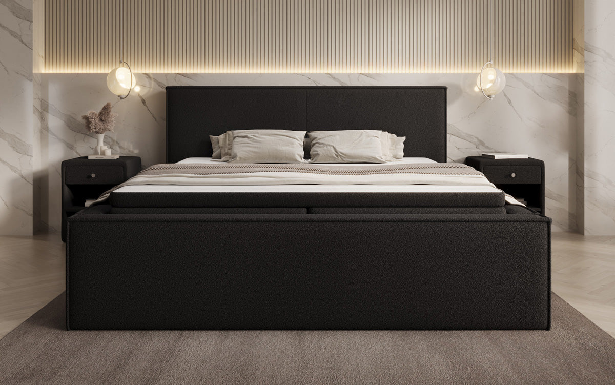 Lit rembourré design Nora en Peluche Bouclé avec espace de rangement, matelas inclus