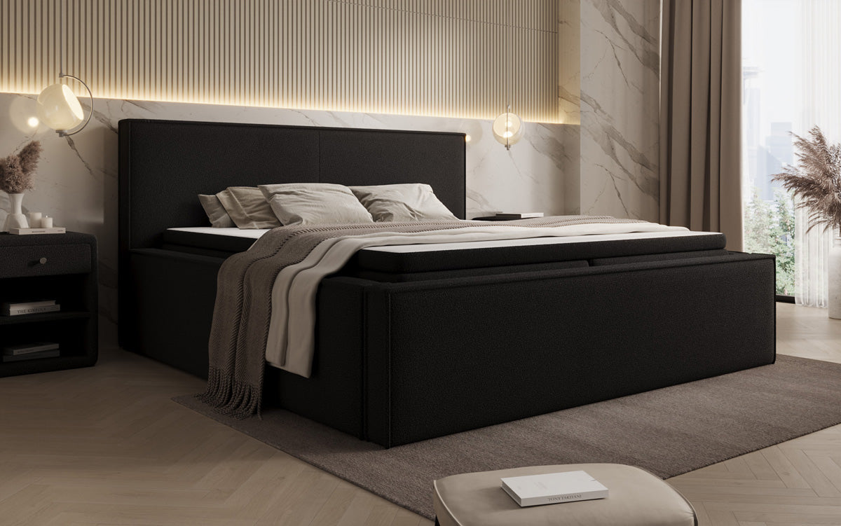Lit rembourré design Nora en Peluche Bouclé avec espace de rangement, matelas inclus