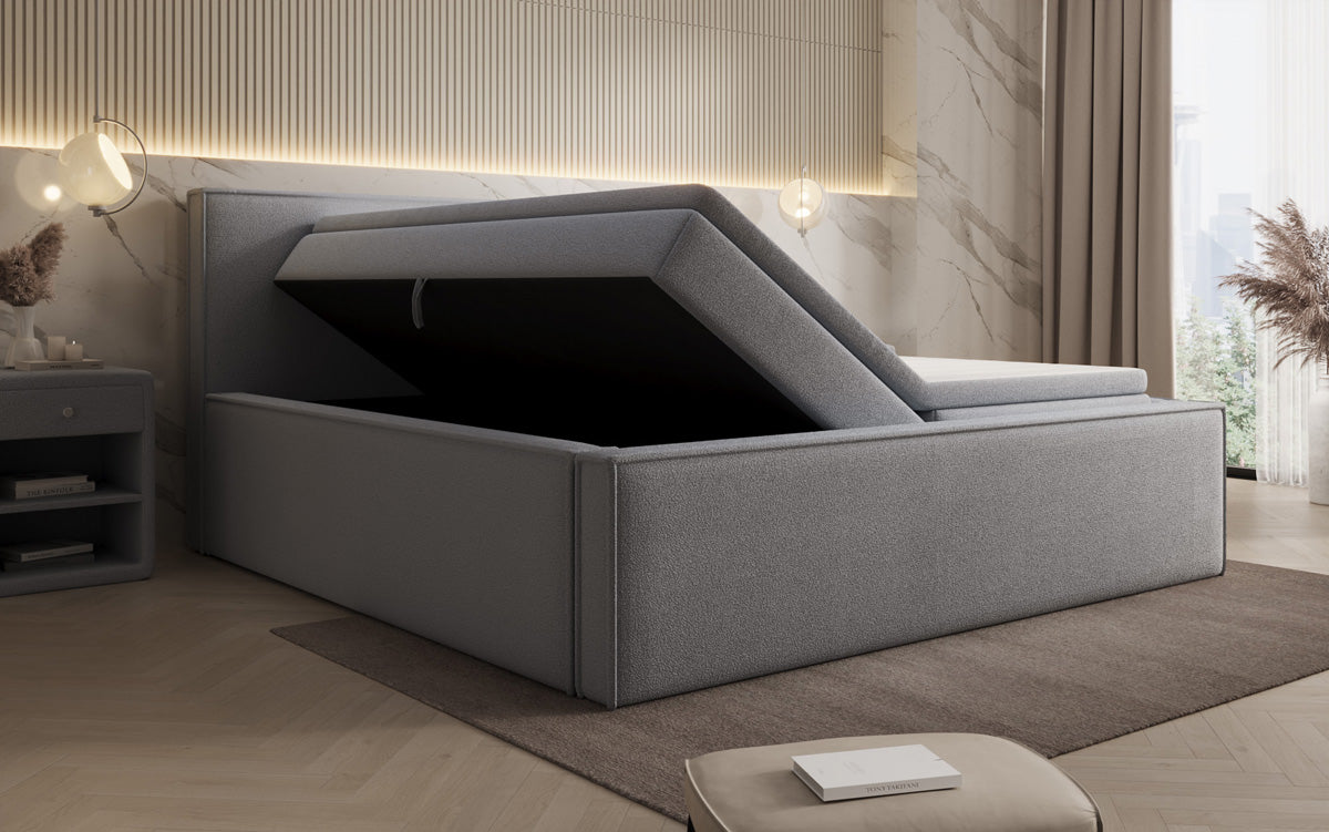 Lit rembourré design Nora en Peluche Bouclé avec espace de rangement, matelas inclus