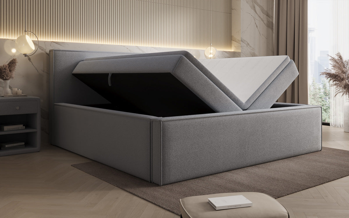 Lit rembourré design Nora en Peluche Bouclé avec espace de rangement, matelas inclus