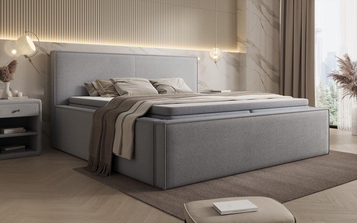 Lit rembourré design Nora en Peluche Bouclé avec espace de rangement, matelas inclus