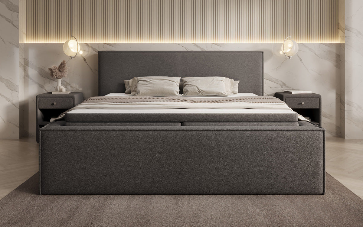 Lit rembourré design Nora en Peluche Bouclé avec espace de rangement, matelas inclus
