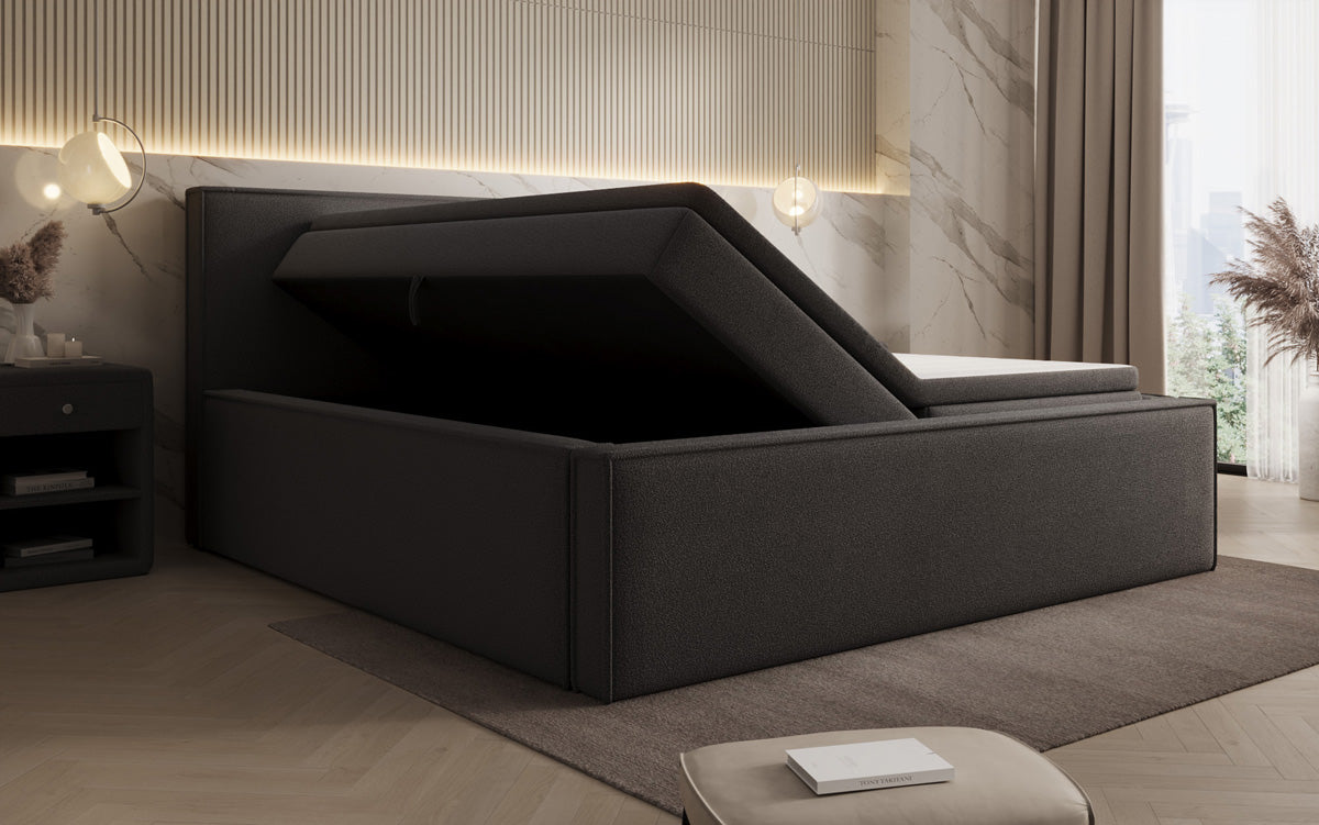Lit rembourré design Nora en Peluche Bouclé avec espace de rangement, matelas inclus