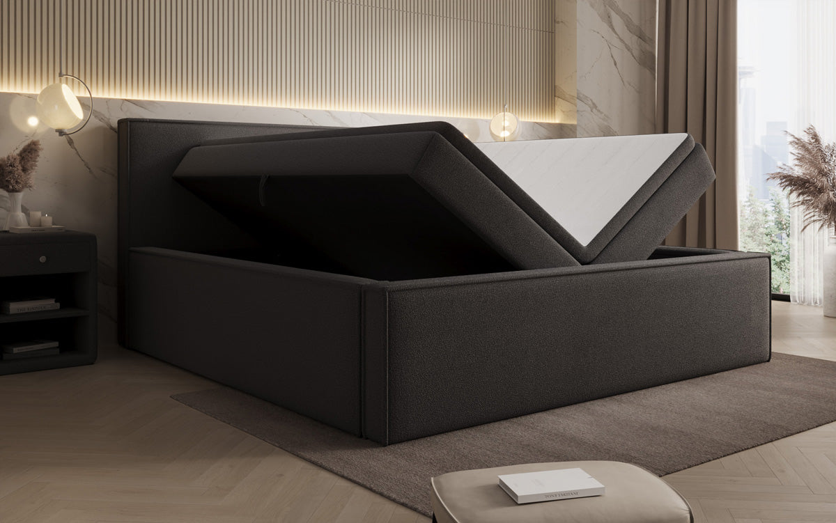 Lit rembourré design Nora en Peluche Bouclé avec espace de rangement, matelas inclus