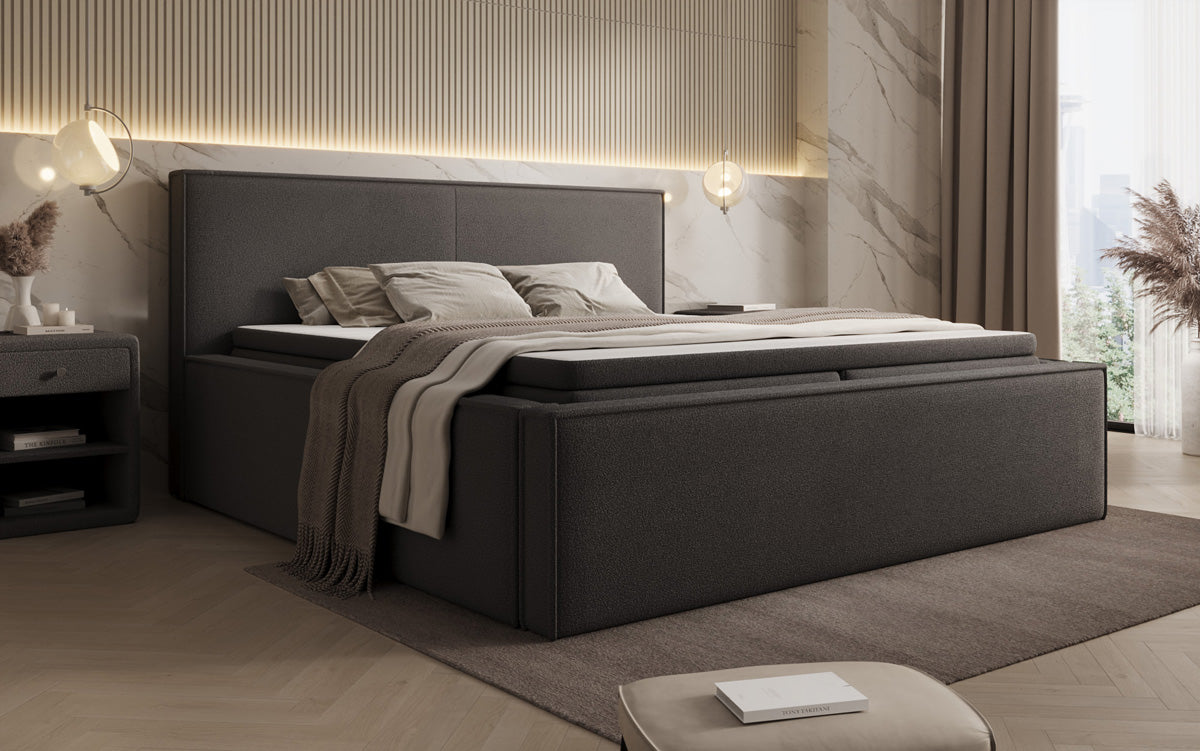 Lit rembourré design Nora en Peluche Bouclé avec espace de rangement, matelas inclus