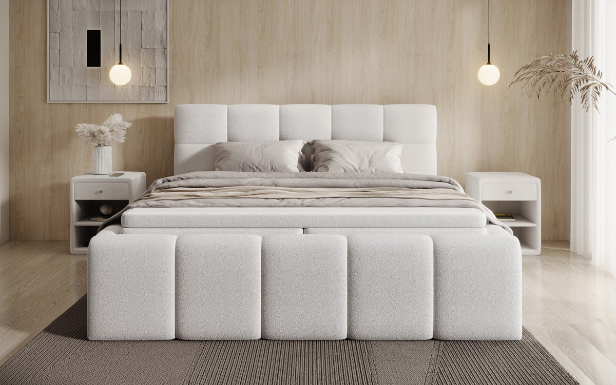 Lit rembourré design Romy en Peluche Bouclé avec espace de rangement, matelas inclus