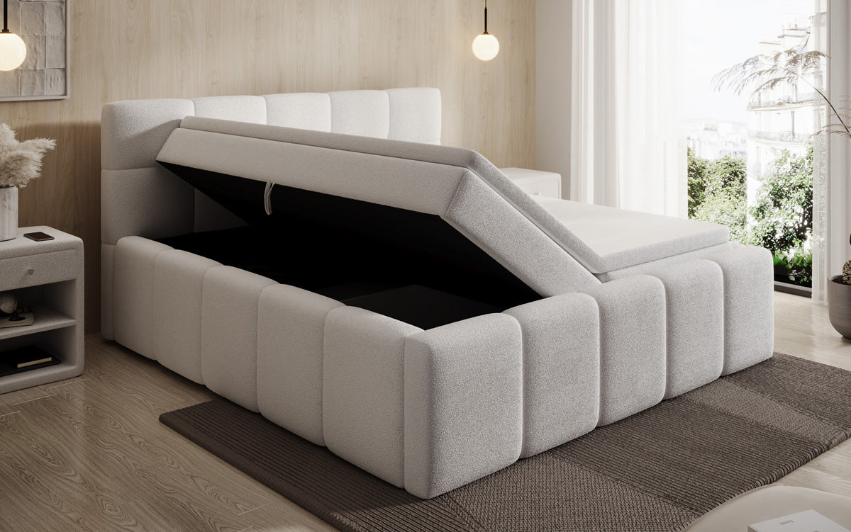 Lit rembourré design Romy en Peluche Bouclé avec espace de rangement, matelas inclus