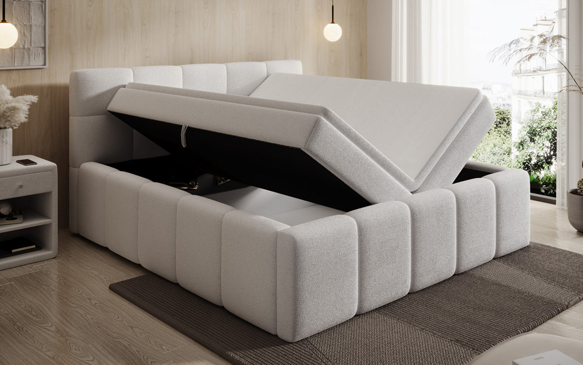 Lit rembourré design Romy en Peluche Bouclé avec espace de rangement, matelas inclus