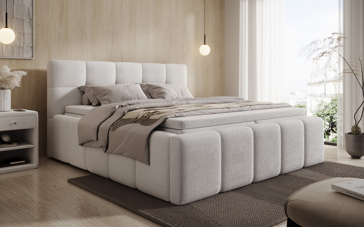 Lit rembourré design Romy en Peluche Bouclé avec espace de rangement, matelas inclus