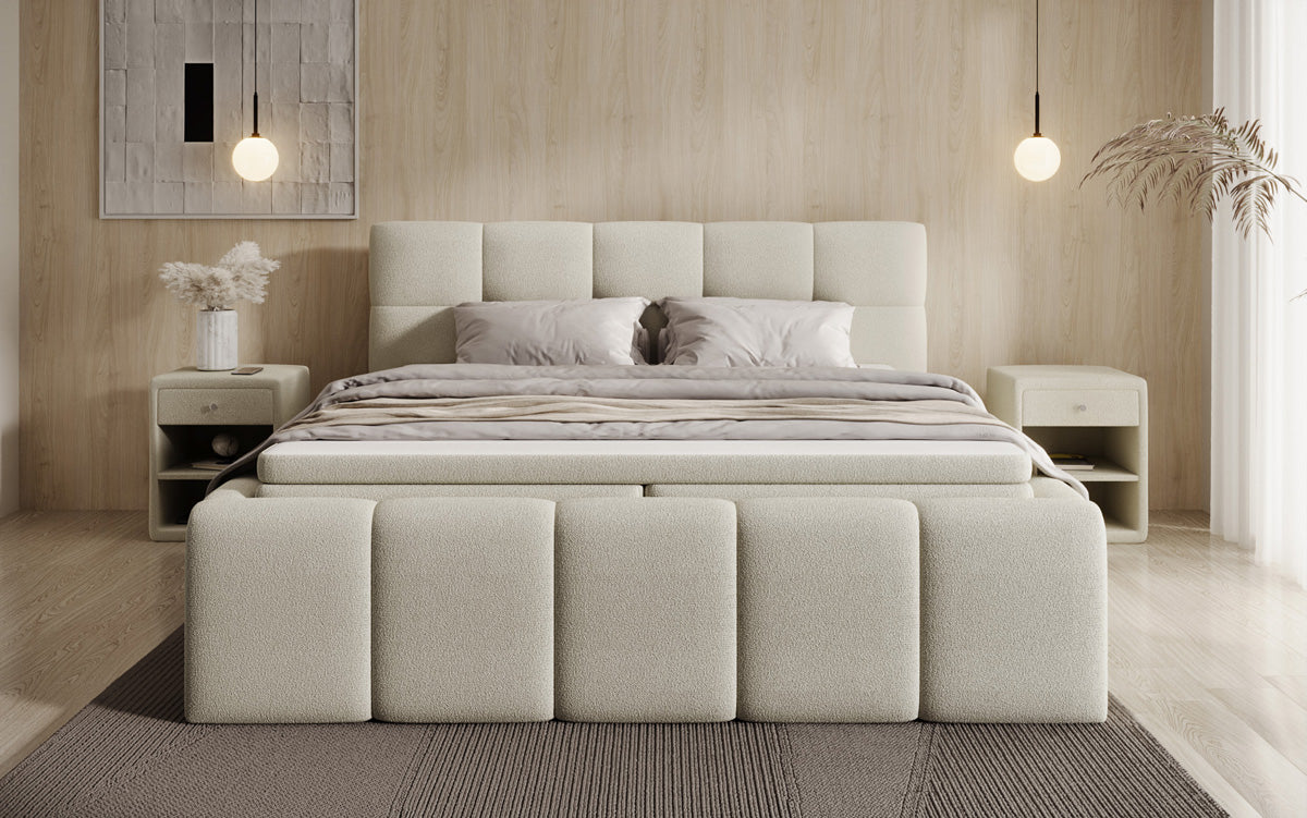 Lit rembourré design Romy en Peluche Bouclé avec espace de rangement, matelas inclus