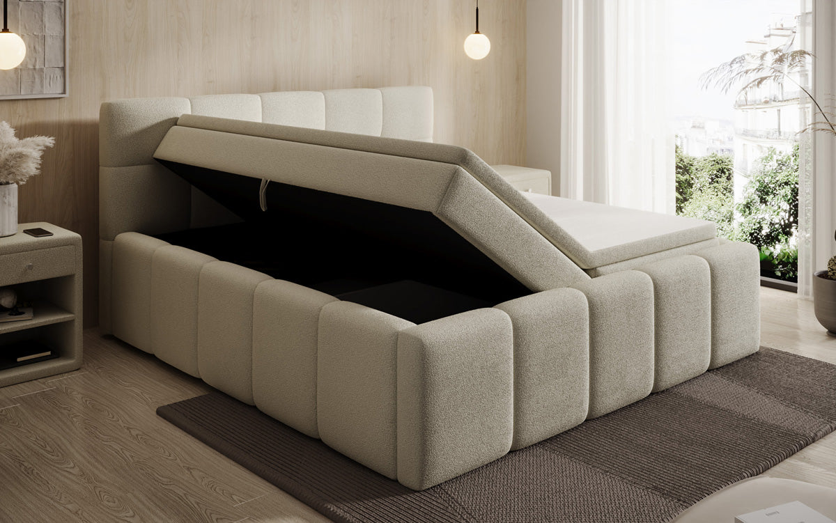 Lit rembourré design Romy en Peluche Bouclé avec espace de rangement, matelas inclus