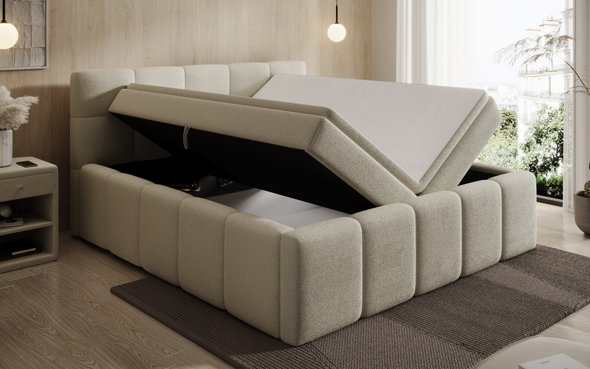 Lit rembourré design Romy en Peluche Bouclé avec espace de rangement, matelas inclus