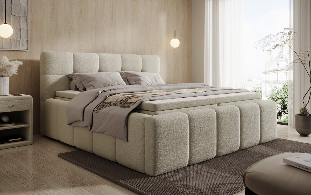 Lit rembourré design Romy en Peluche Bouclé avec espace de rangement, matelas inclus