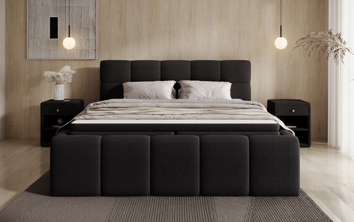 Lit rembourré design Romy en Peluche Bouclé avec espace de rangement, matelas inclus