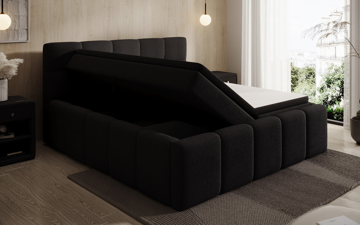 Lit rembourré design Romy en Peluche Bouclé avec espace de rangement, matelas inclus