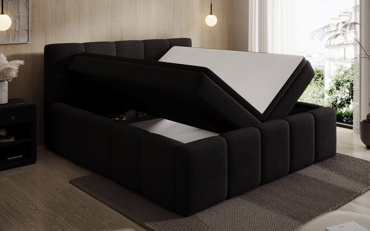 Lit rembourré design Romy en Peluche Bouclé avec espace de rangement, matelas inclus