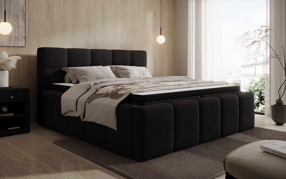 Lit rembourré design Romy en Peluche Bouclé avec espace de rangement, matelas inclus