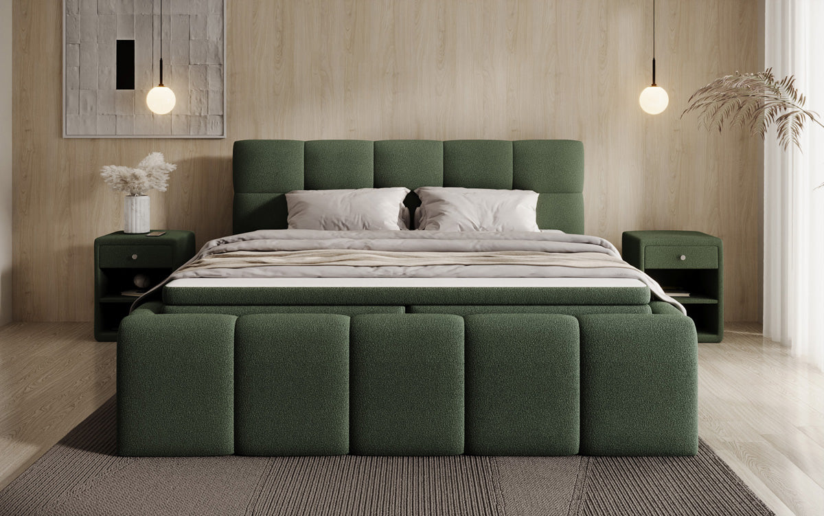 Lit rembourré design Romy en Peluche Bouclé avec espace de rangement, matelas inclus