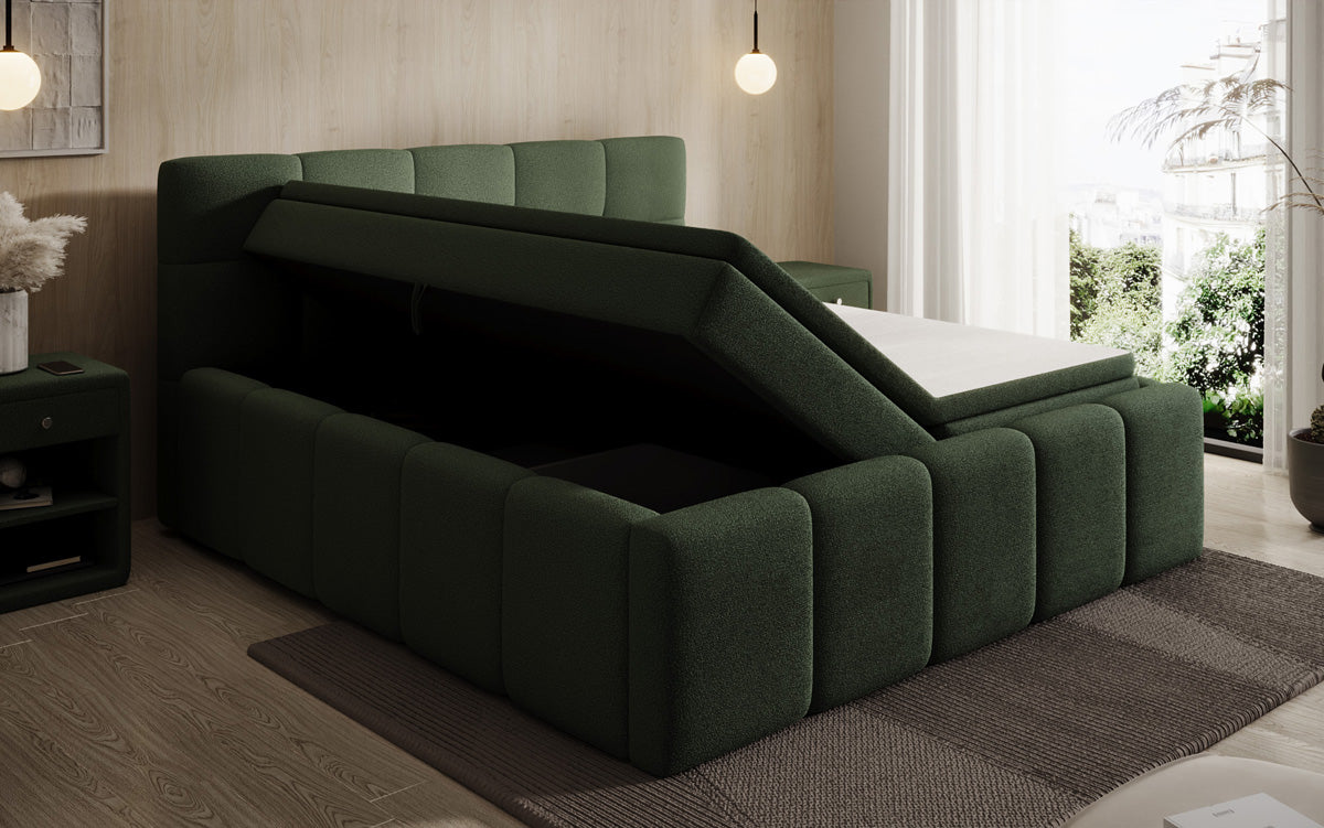 Lit rembourré design Romy en Peluche Bouclé avec espace de rangement, matelas inclus