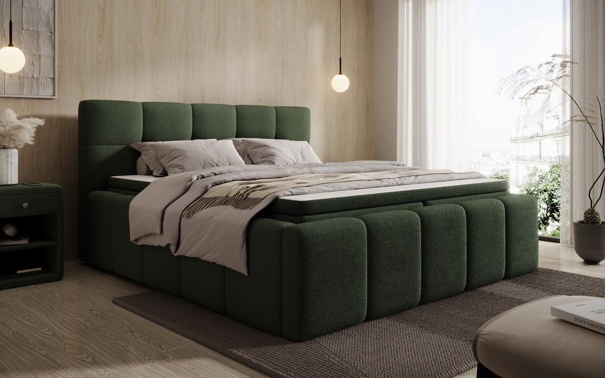 Lit rembourré design Romy en Peluche Bouclé avec espace de rangement, matelas inclus