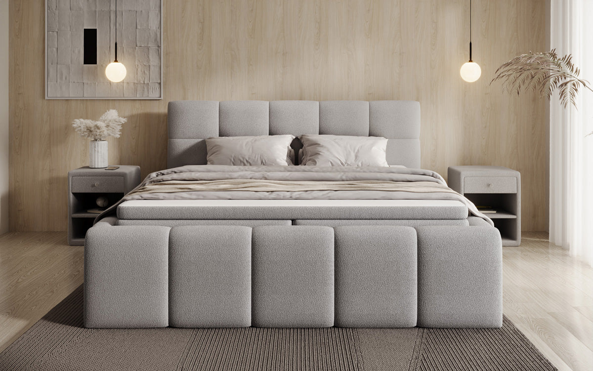 Lit rembourré design Romy en Peluche Bouclé avec espace de rangement, matelas inclus