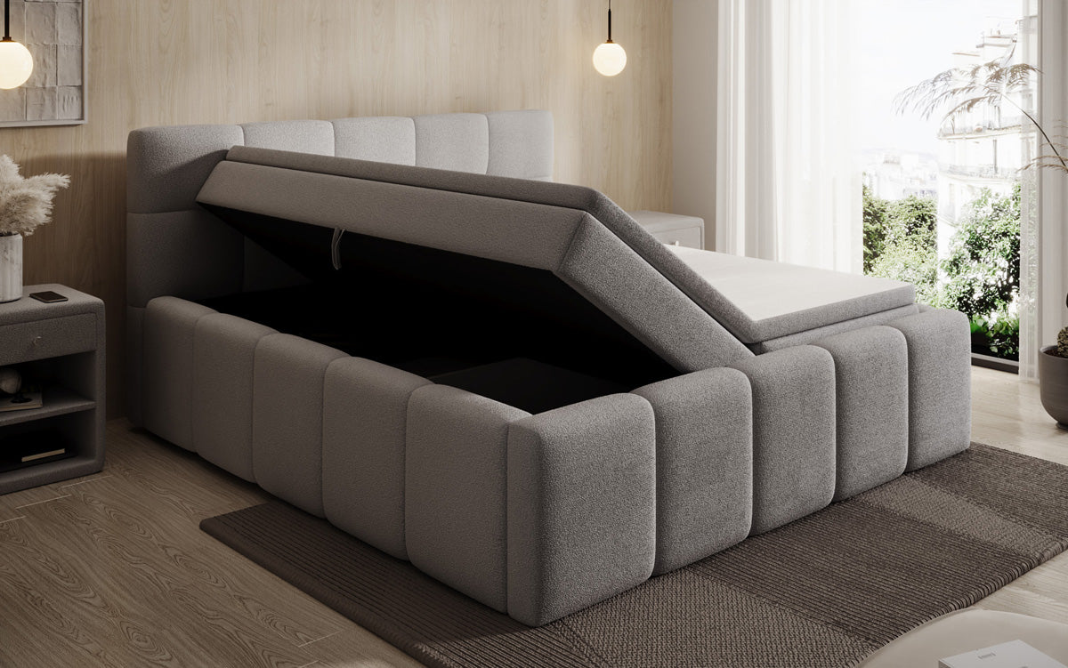 Lit rembourré design Romy en Peluche Bouclé avec espace de rangement, matelas inclus