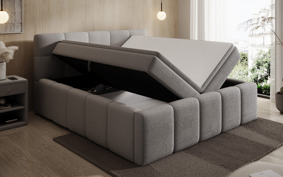 Lit rembourré design Romy en Peluche Bouclé avec espace de rangement, matelas inclus